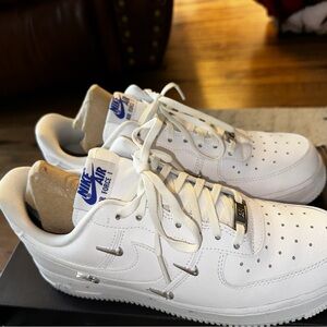 Nike Air Force 1 Womens White and Blue Sneakers
